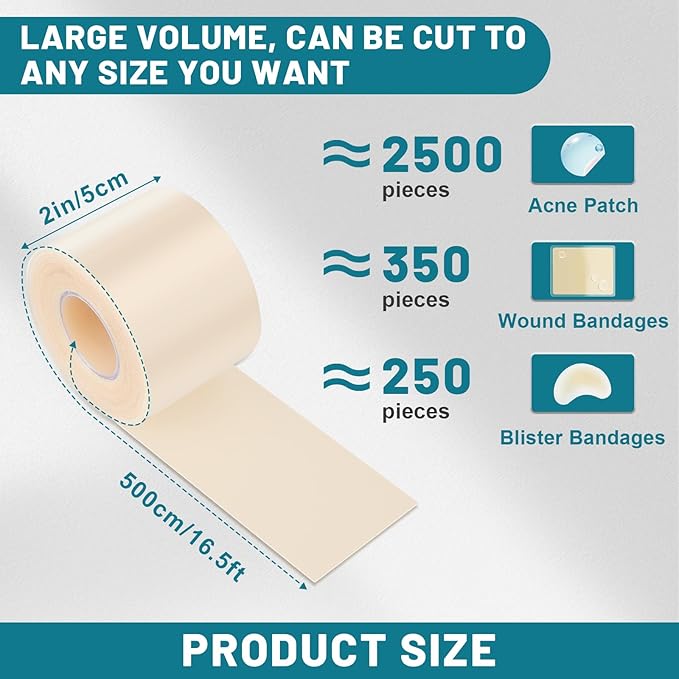 WUYUAN Hydrocolloid Roll for Wound Care, 2in*16.5ft Hydrocolloid Bandages with Self-Adhesive, Extra Large Hydrocolloid Patch Bandages Cut-to-Size, Ultra Absorbent, Waterproof
