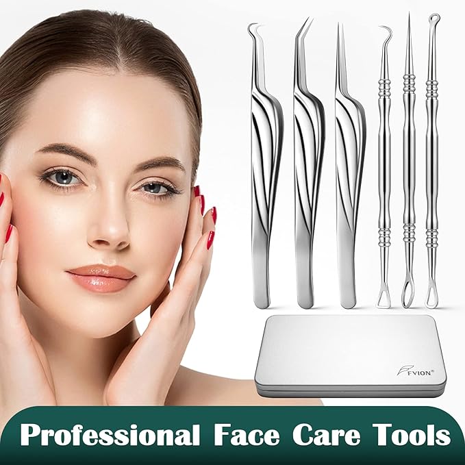 FVION Blackhead and Acne Extractor Kit, Professional Pimple Popper Tool Kit, Acne Tweezers and Blackhead Remover Tools for Face, 6 PCS Surgical Extractor Pimple Popping Tools