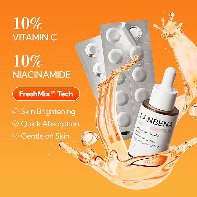 LANBENA Non-Oxidizing Vitamin C Serum 10%: Niacinamide Serum + Freeze-Dried Tablets, Brightening Anti-Aging Essence for Sensitive Skin, Non-Greasy, Reduces Dark Spots & Wrinkles (30 Tabs/1.05 Oz)