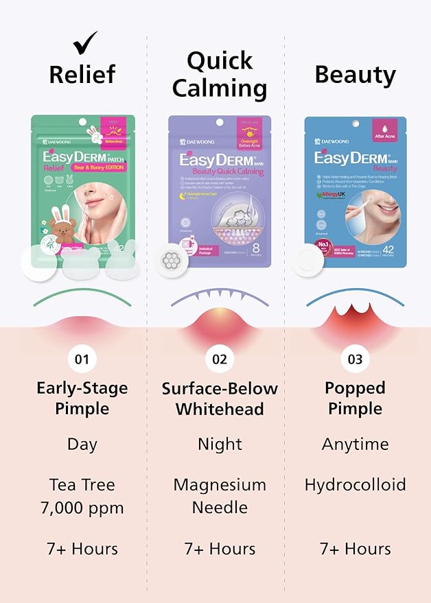 Easyderm Bear& Bunny Pimple Patches - 7,000 PPM Tea Tree Oil(126 Counts), Salicylic Acid, Free Hairband Included - Holiday Gift, Easter Day Gift, Stocking Stuffer for Teens & Women