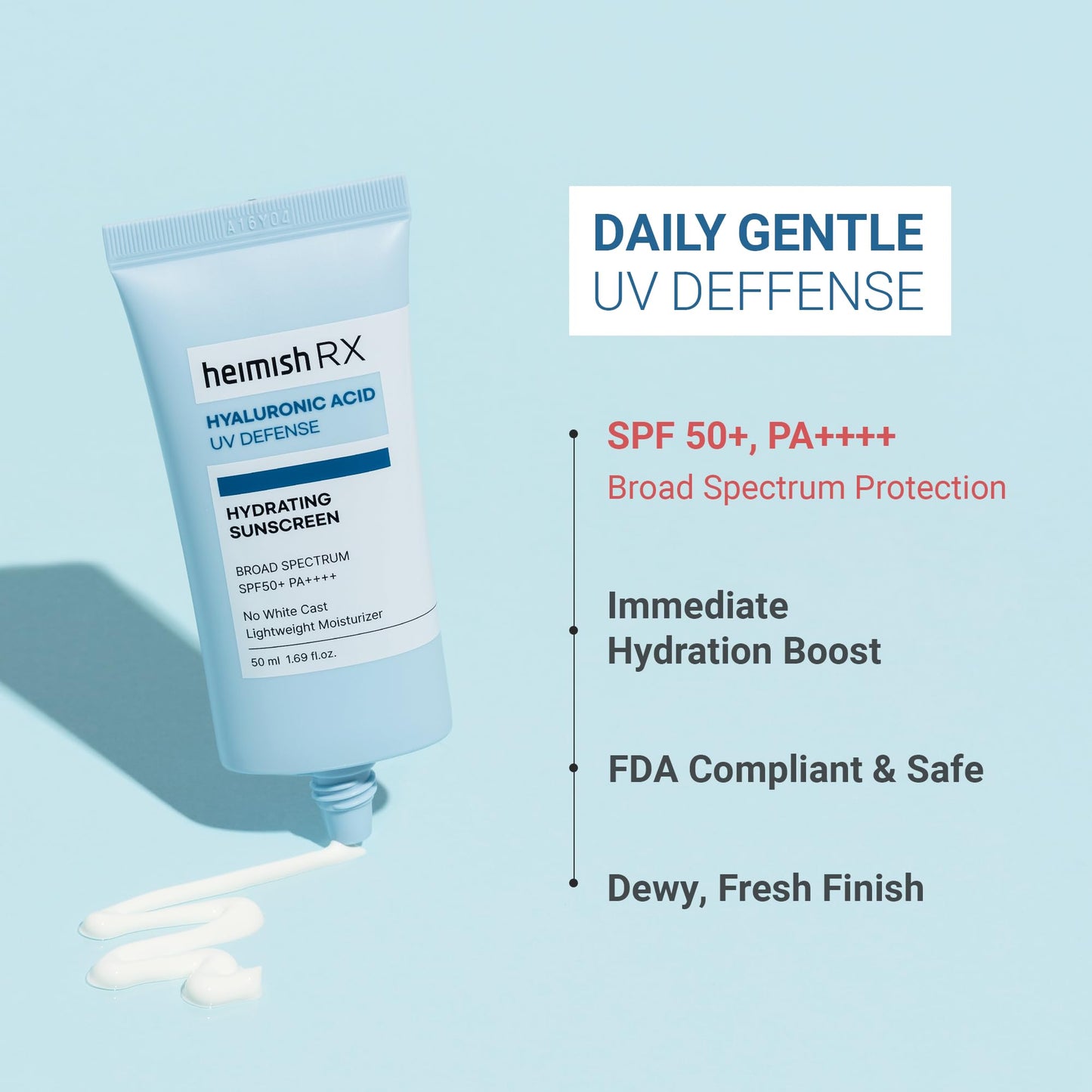 HEIMISH RX Hyaluronic Acid Hydrating Sunscreen - Daily Sunscreen For Face, SPF Face Moisturiser, Broad Spectrum SPF 50, No White Cast, Lightweight, Fast-absorbing, Korean Skincare, 50ml (1.69 fl. oz)