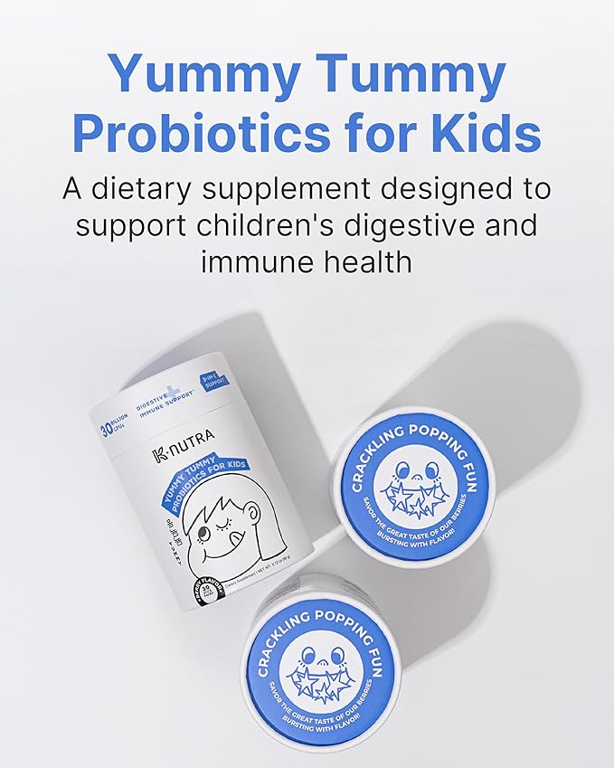 K-Nutra Yummy Tummy Probiotics for Kids | 2.12oz (30 Sticks) | 3-in-1 Prebiotic & Probiotic Powder | 30 Billion CFUs | Clinically Tested | Supports Digestive & Immune Health | for Ages 3+