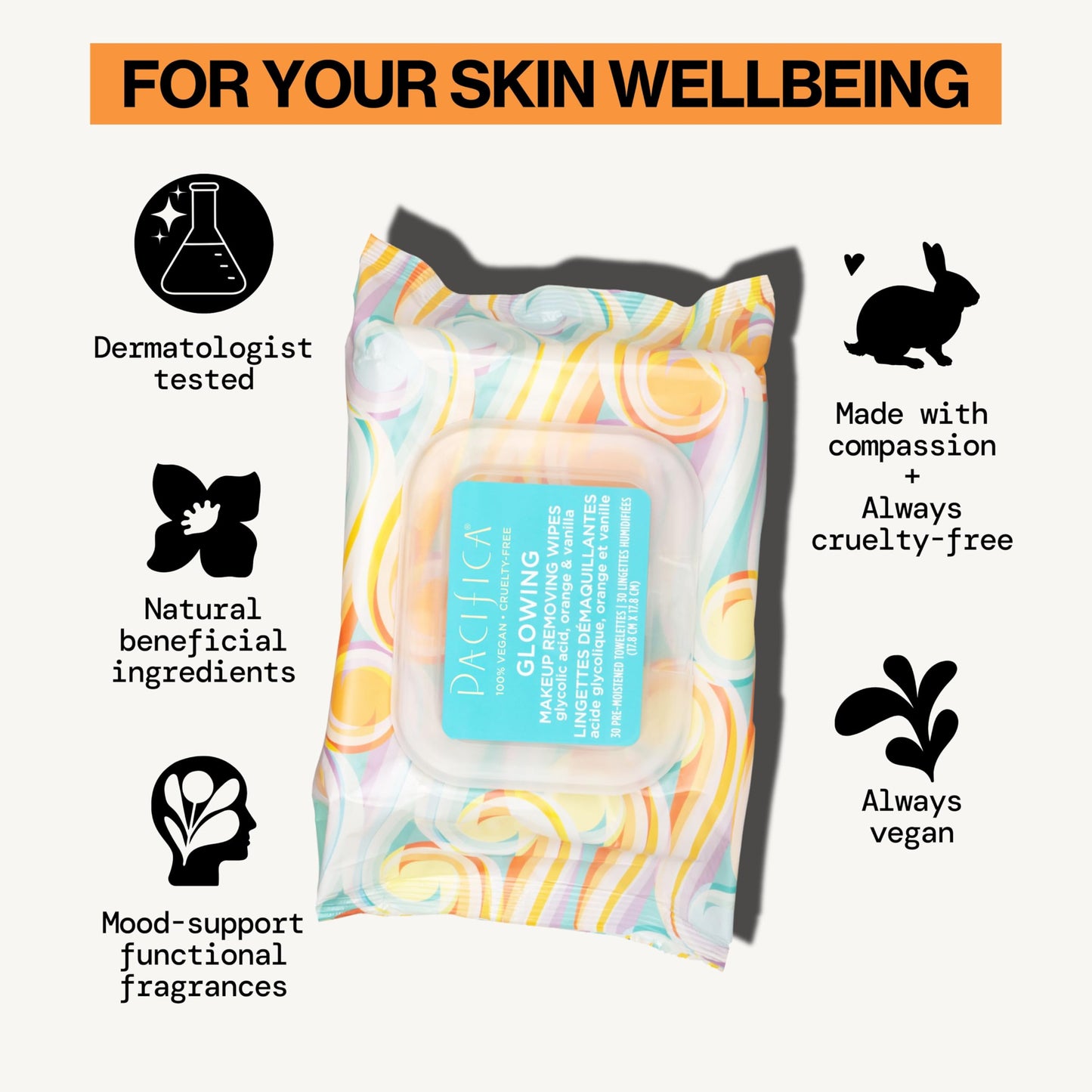 Pacifica Makeup Remover Face Wipes - Daily Facial Cleansing & Exfoliating Towelettes - Biodegradable - Organic - w/ Gycolic Acid - Clean Beauty Vegan & Cruelty-Free Dermatologist Tested 30 Count
