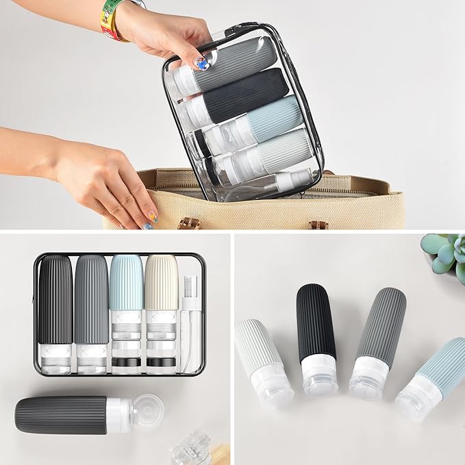 Travel Bottles for Toiletries (18 Pack), TSA Approved Size Silicone Containers Jar Kit, Airplane Essentials Toiletry Bag, Leak Proof Refillable Accessories for Conditioner, Shampoo, Lotion & Body Wash