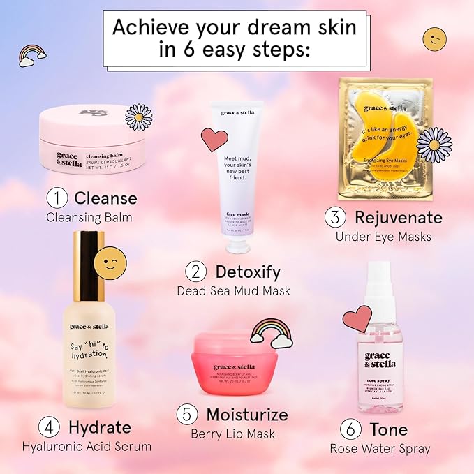 grace & stella Award Winning Skin Care Set - Gifts for Her - Travel Essentials with Under Eye Masks, Serum, Cleanser, Lip Balm - Birthdays, Bachelorette, Bridesmaids, Teen Gifts - Vegan Self Care