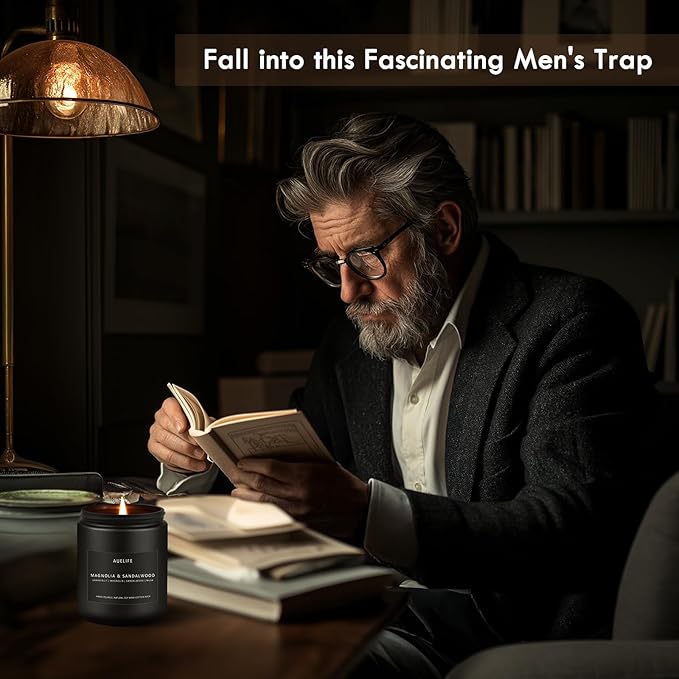 Magnolia & Sandalwood Candle | Masculine Candle - Candles for Men, Soy Candles for Home Scented, Manly Scented Decor for Home - Gifts for Men, 7oz Black Jar, Long Lasting