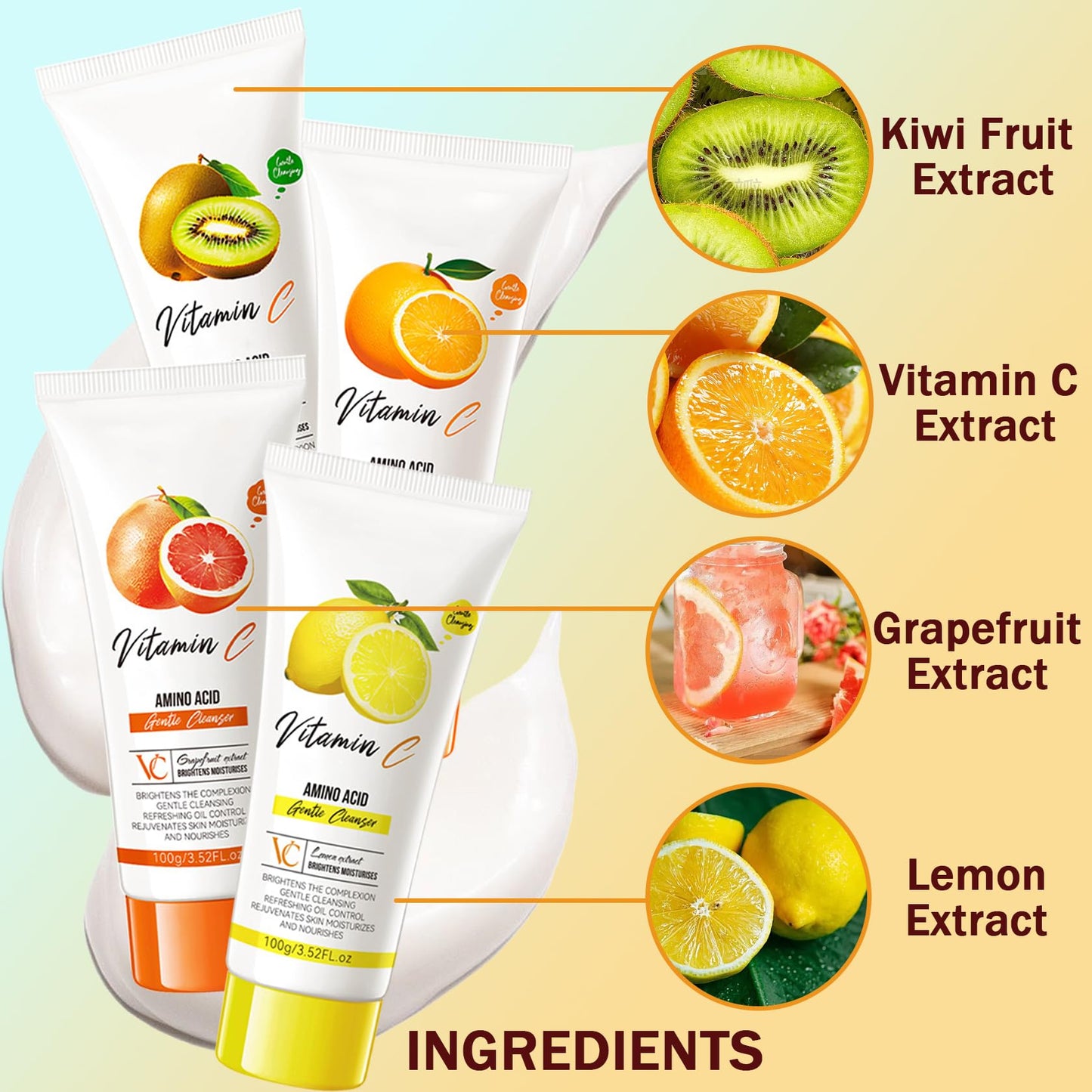 XMXueMei 4PCS Fruit Facial Cleanser,Hydrating Exfoliating Face Wash Set,Gentle Deep Cleaning Foaming Cleanser for Daily Skincare,Oil Control Refreshing Face Wash for Women, 3.52 Fl Oz