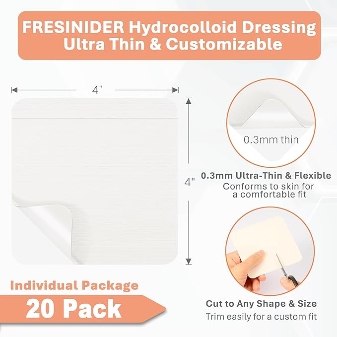 Hydrocolloid Wound Dressing 4" x 4" – 20 Pack Ultra Thin Self-Adhesive Bandages for Wound Care, Bed Sores, Acne, Blisters – Waterproof & Absorbent Hydrocolloid Patches for Faster Healing
