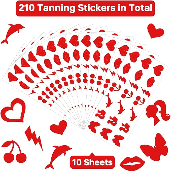 210 Pieces Tanning Stickers Sunbathing Tattoo Body Sticker Self Adhesive for Indoor Tanning Beds Heart Butterfly Lips Shaped