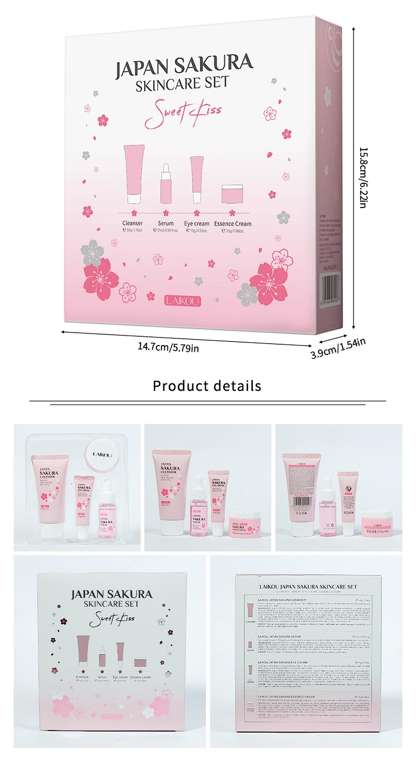 Gentle Skin Daily Skincare Set for Teen Girls & Women, JAPAN SAKURA Face Care Kit Includes Cleanser Hydrating Serum Essence Eye Cream, Sensitive Skin & Travel Essentials (4PCS)