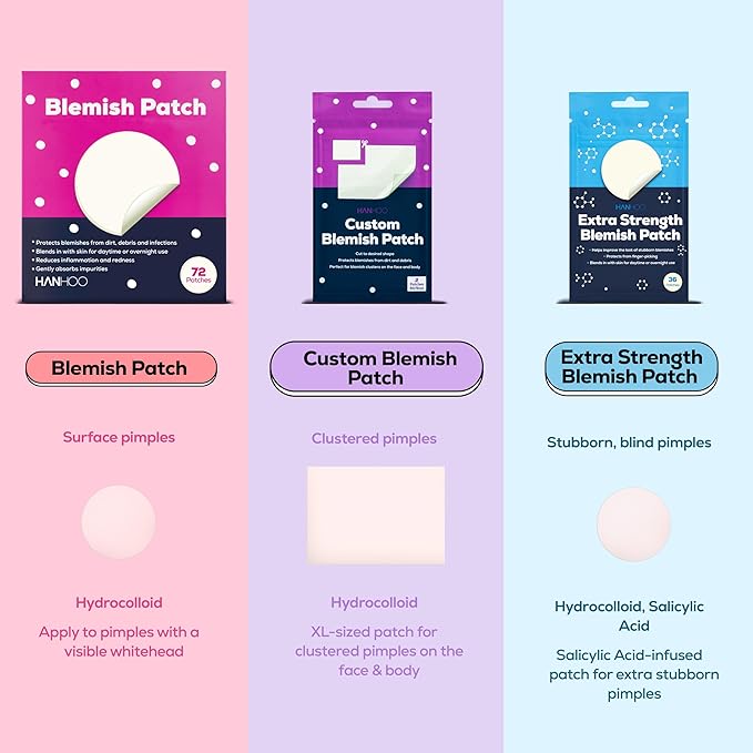 Hanhoo Blemish Patch, 288 count, includes hydrocolloid pimple patches that shrink pimples, absorb fluid, and protect from finger-picking and dirt. Invisible acne spot patches for Korean skincare.