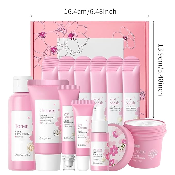 Sakura Skin Care Set, Skin Care for Women Teens Girls, Beauty Skincare Gifts Sets, Skin Care Routine Kit for Women, Hydrate, Oil Control, Glow Up, Travel Size -7 PCS