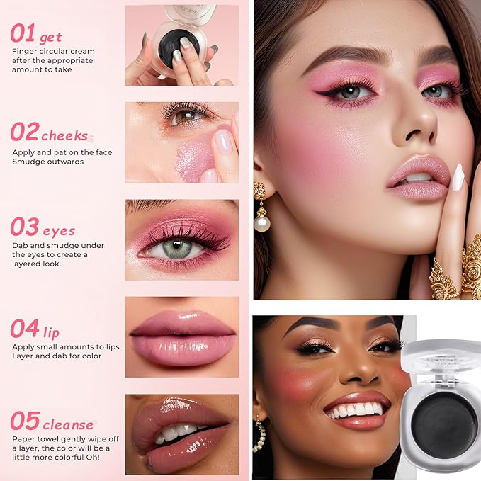 Cream Blush Makeup, Natural Pink/Black Glossy Face Blusher, (Black, One)