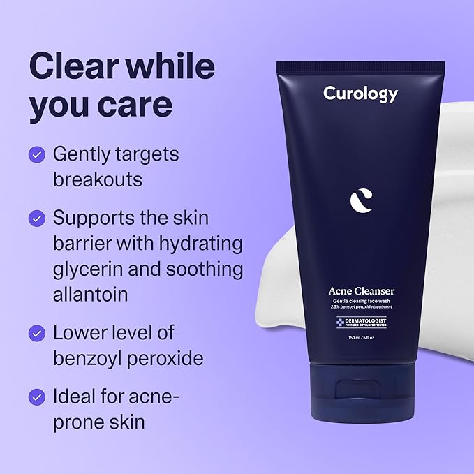 Curology Acne Facial Cleanser Treatment, 2.5% Benzoyl Peroxide Face Wash, For Oily and Acne Prone Skin, Milky Gel Texture, Fragrance Free, 5.07 fl oz