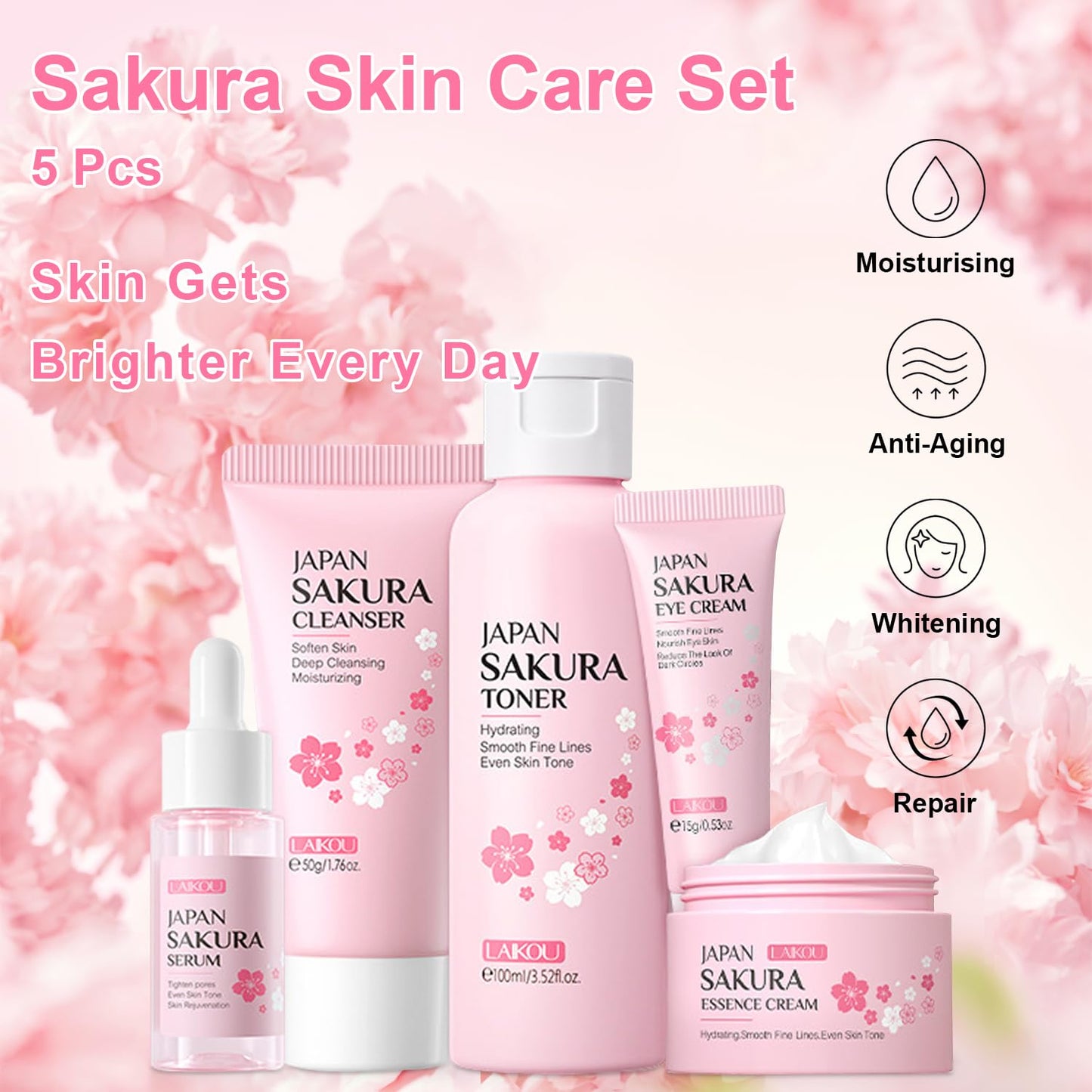 5Pcs Skin Care Set Sakura Women Beauty Gift Sets Korean Skin Care Kit with Cleanser, Face Serum, Face Cream,Toner,Eye Cream, Mud Mask - Skin Care Routine Kit for Women (Sakura)