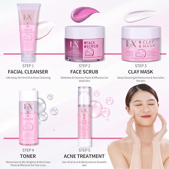 5 Step Skincare Kit with Cleanser, Face Scrub, Clay Mask,Toner & Acne Serum for Teens and Adults