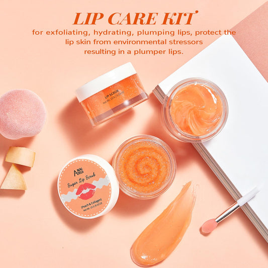 ANAI RUI Lip Care Kit - Mask & Scrub Set, Gift for Mother Girls, Overnight Treatment With Sleeping Mask & Sugar Exfoliator, Moisturizer for Dry, Chapped, Dark Lips, Peach