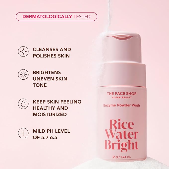 The Face Shop Rice Water Bright Enzyme Powder Wash, Gentle Exfoliating Cleanser with AHAs, Radiant skin, Rice Polish for Face, Korean Skin Care 55g / 1.94 oz
