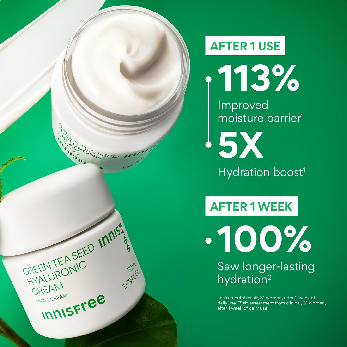 innisfree Green Tea Seed Hyaluronic Acid Cream With Barrier Boosting Complex and Ceramide, Korean Hydrating Face Moisturizer and Balancing Cream