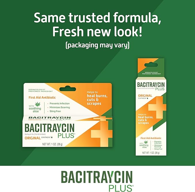Bacitraycin Plus First Aid Antibiotic Wound Healing Ointment for Minor Cuts, Scrapes and Burns, with Bacitracin Zinc and Moisturizing Aloe Vera, Original, 1 oz, 2 Pack