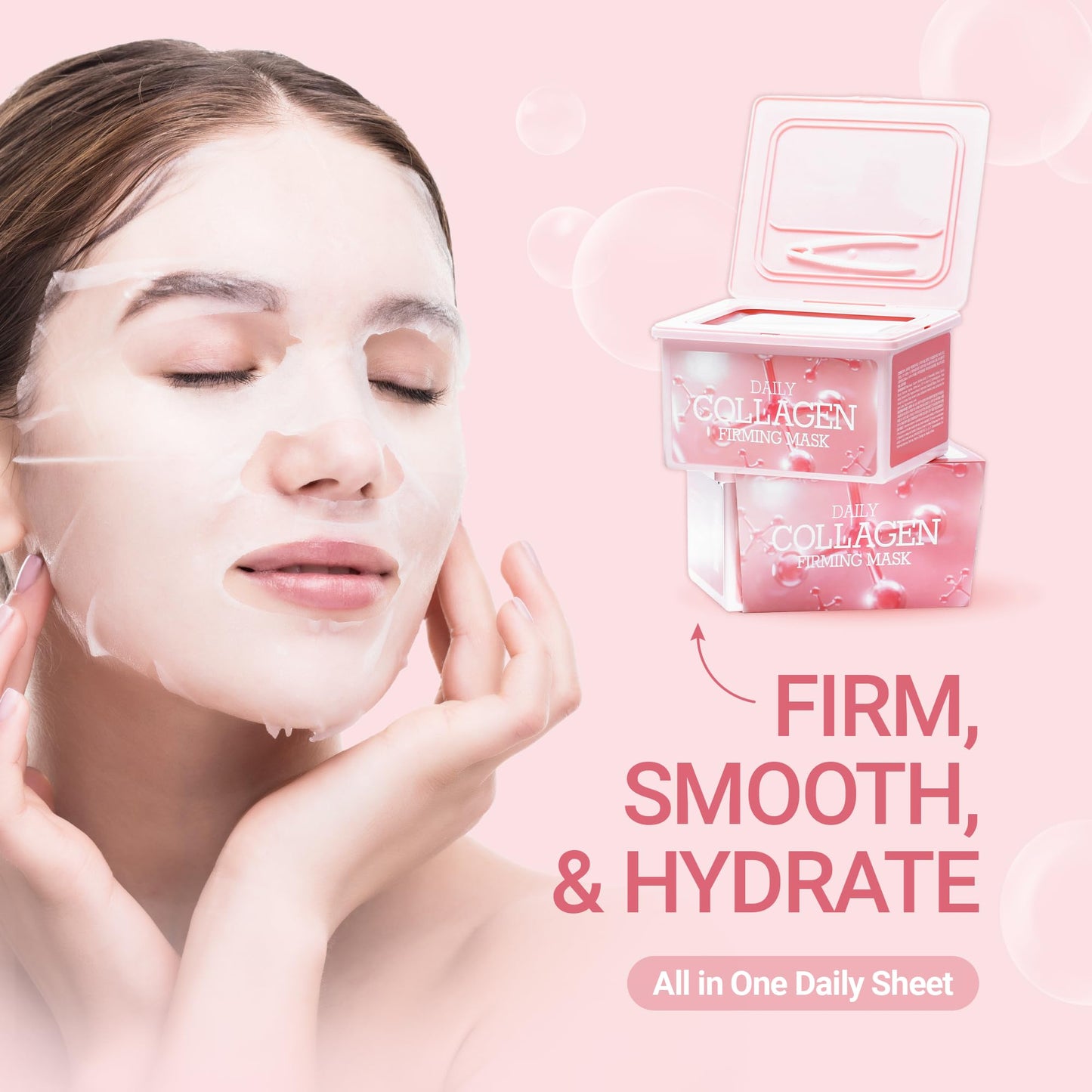 tenzero Daily Collagen Firming Mask, Hydrating & Firming Facial Mask, Skin Elasticity Enhancement with Collagen and Microbiome, Plant-based Cellulose Mask, For Daily Use, Korean Skincare, 30 Sheets