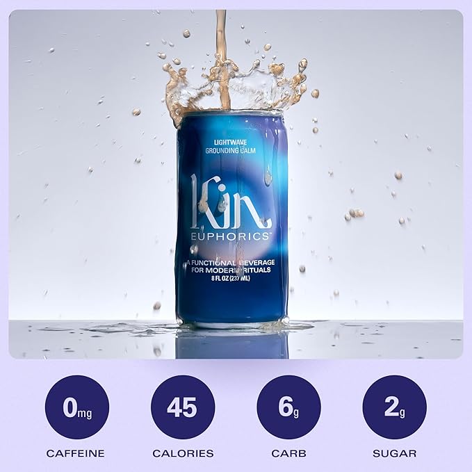 Kin Euphorics Lightwave Non-Alcoholic Functional Beverage | Calm the Mind & Mellow the Mood | Adaptogens, Nootropics, Reishi Mushroom & L-Theanine | 8 Fl Oz (8pk)