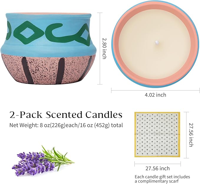 Lavender Candles, Scented Candles Gift Set for Women,Candles for Home Scented，Natural Soy Wax, Artisanal Pottery Jar,Set 2 Pack, Total 16oz, 90 Hours of Burn, One Silk Scarf