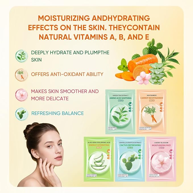 Sheets Face Masks Skincare for All Skin Types, Hydrating Facial Sheets Mask for Firming, Sheet Mask with Cherry Blossom Cactus Aloe Vera Facial Sheet For Moisturizing, Soothing, Face Mask for Women