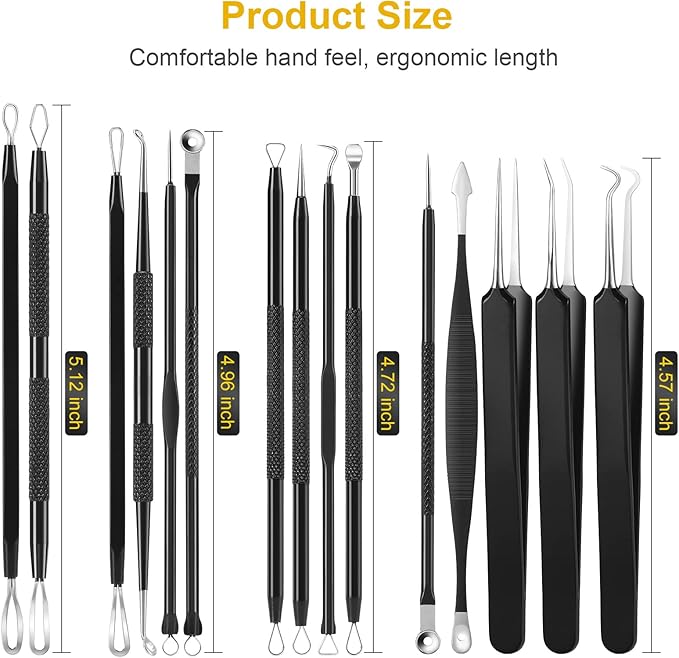 Pimple Popper Tool Kit, IUMAKEVP 15 PCS Professional Stainless Steel Blackhead Remover Comedone Extractor Tools for Removing Pimples, Blackheads, Zit on Face - Acne Removal Kit with Metal Case (Black)