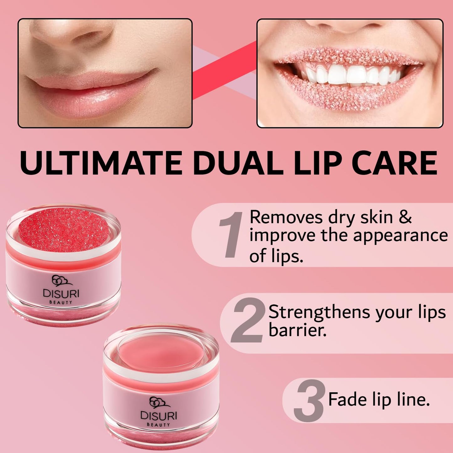 DISURI Beauty Lip Mask and Lip Scrub Set - Moisturizing Lip Scrub for Exfoliating and Smoothing Lips, Cruelty-free - Improves Texture, Hydrates, and Softens Chapped, Dark Lips Skin - (Strawberry)