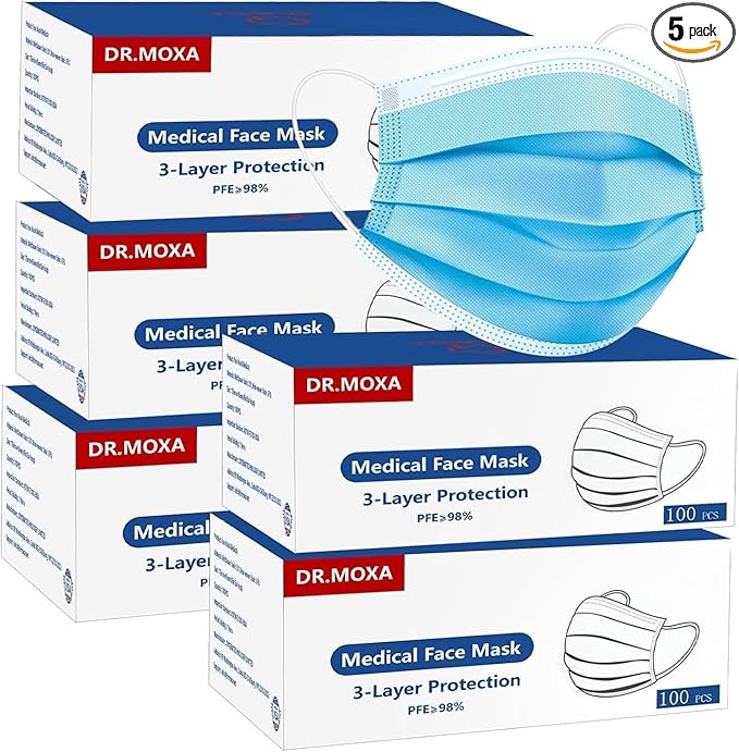 500 Pack Medical Disposable Face Masks (5 Boxes, 100pcs/Box) Blue Face Masks for Protection