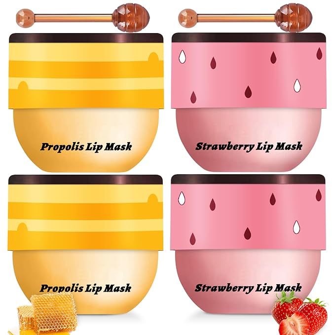 4 PCS Lip Mask Overnight, Honey&Strawberry Exfoliator