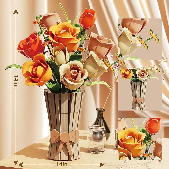 Flowers Bouquet Building Set 868 PCS Rose Botanical Collection Kit Artificial Flowers Toys Botanical Collection DIY Unique Home&Office Bonsai Decoration Gift for Valentine's Day Mother's Day Christmas