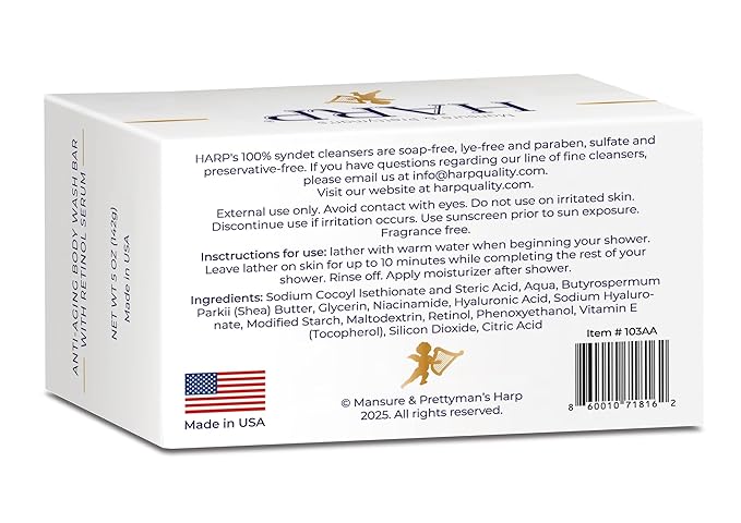 HARP Anti-Aging Body Wash Bar With Retinol + Niacinamide, Vitamin E, Hyaluronic Acid. 100% Syndet Base. Soap/Lye/Dyes and preservative-free. Non-comedogenic. FRAGRANCE FREE.