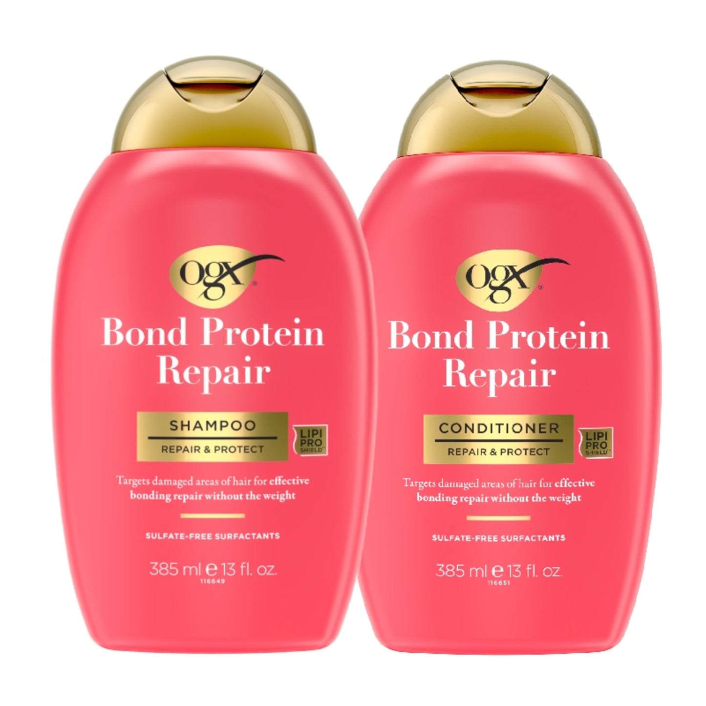 OGX Repair + Protect Bond Protein Repair Shampoo and Conditioner Set, targets damaged areas for bond protection, sulfate-free, hydrating care for color-treated, dry hair, 13 fl oz each (Pack of 2)