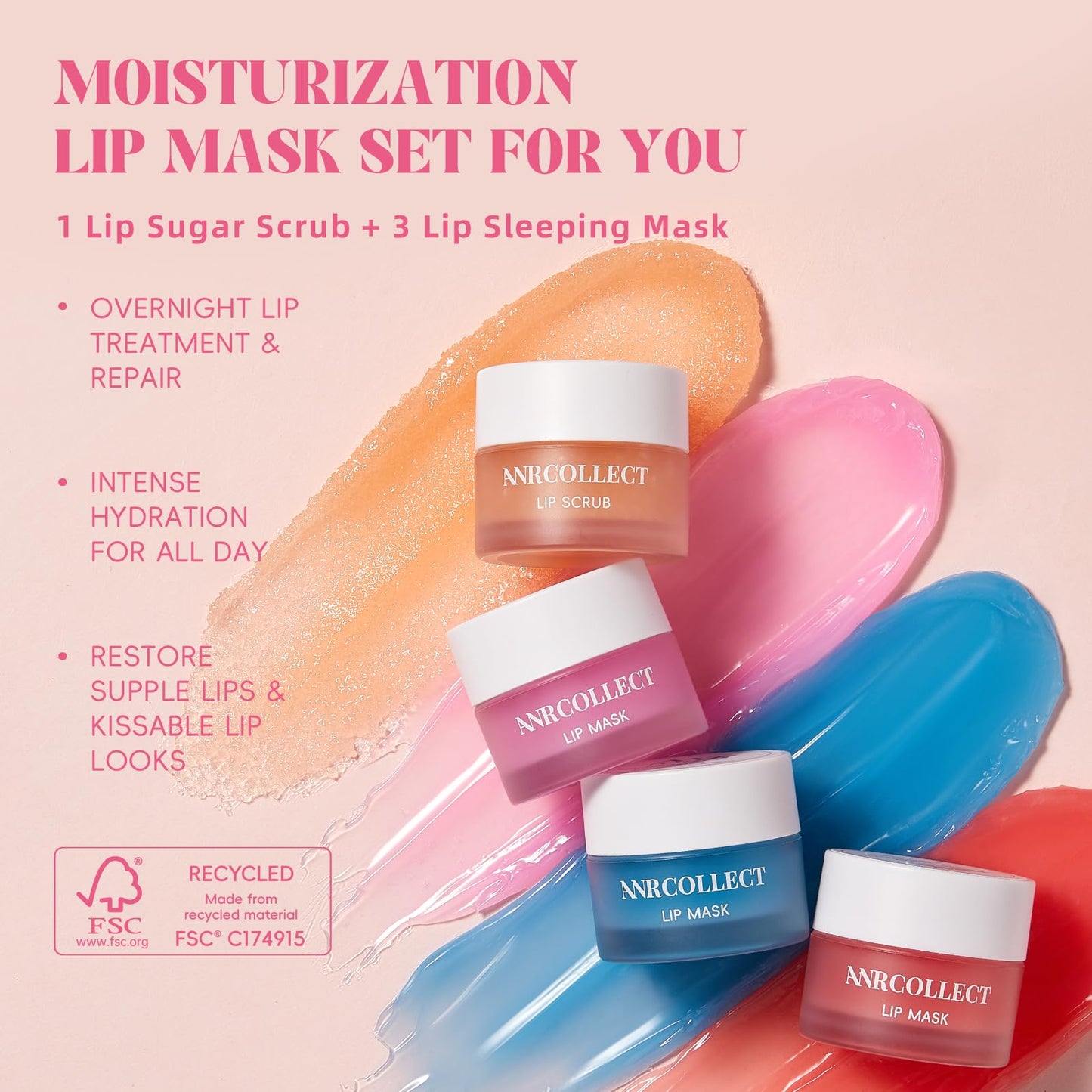 Lip Mask Set, 1 Lip Scrub +3 Overnight Lip Mask, Lip Glowy Balm and Scrub for Women, Exfoliating and Hydrating Dry, Chapped, Crack Lips, 4 Pack Lip Skincare Gift Set