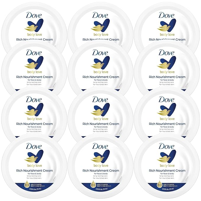 Dove Body Love Rich Nourishment Cream, Face, Hand & Body Lotion for Extremely Dry Skin, Fast-Absorbing 72-Hour Moisturizing Cream with Ceramide Serum, Travel Size, 2.53 Oz (Pack of 12)