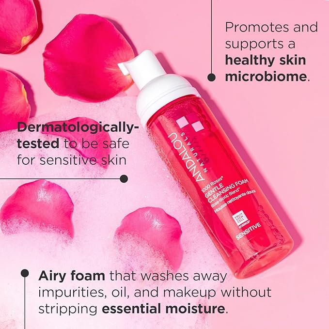 Andalou Naturals 1000 Roses Gentle Cleansing Foam | Foaming Face Wash with Rose Stem Cells & Organic Aloe Leaf Juice | Hydrating Daily Cleanser for Sensitive Skin | 5.5 fl oz