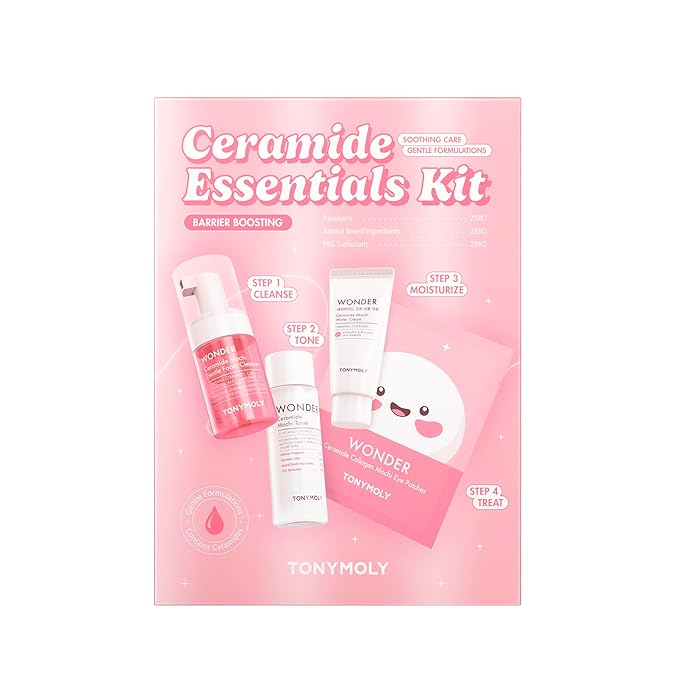 TONYMOLY Wonder Ceramide Mochi Essentials Kit – 4-Piece Set with Ceramide Toner, Cream, Cleanser & Eye Patches – Hydrating, Barrier-Boosting Skincare with Hyaluronic Acid, Vitamin B5 & Centella