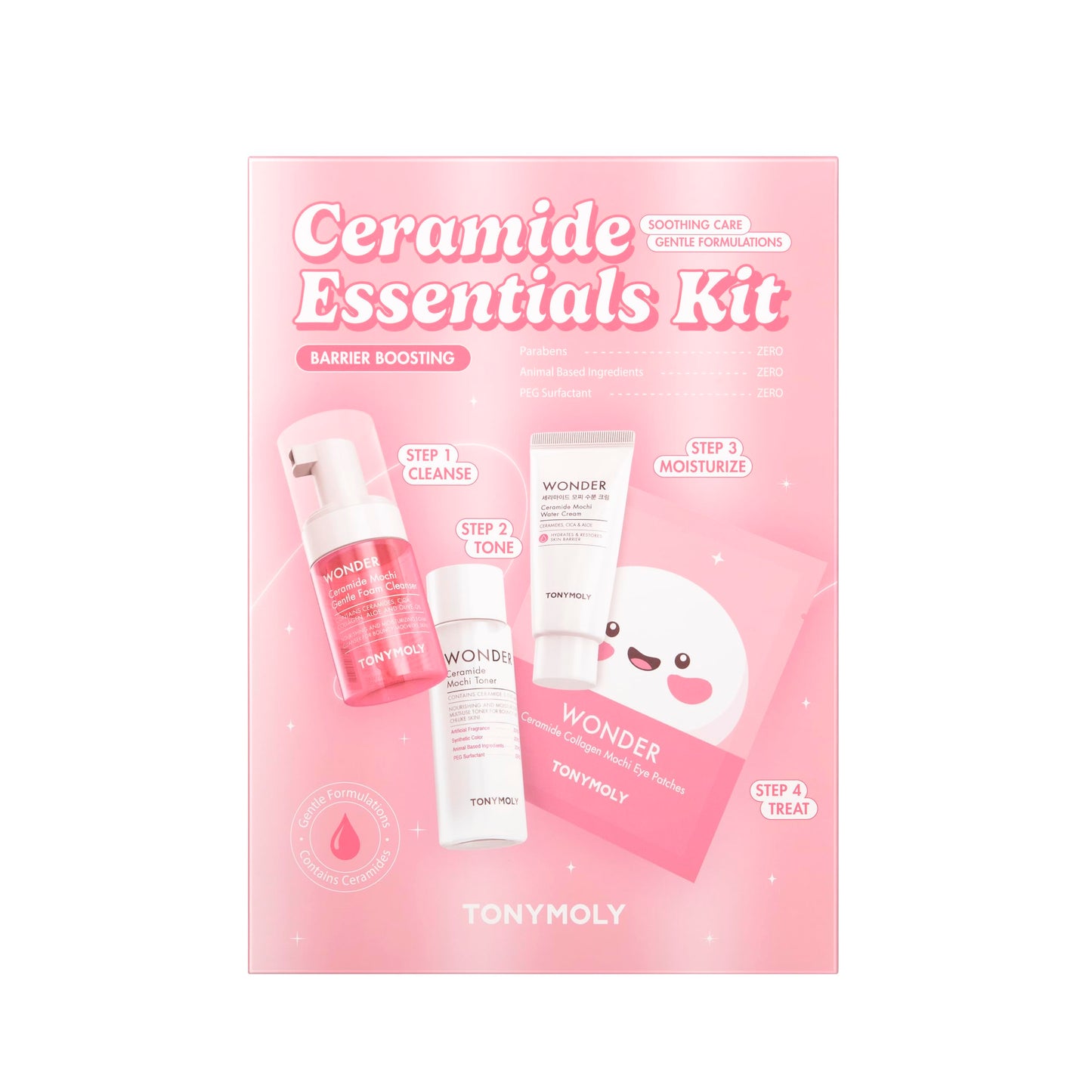 TONYMOLY Wonder Ceramide Mochi Essentials 4-Piece Skincare Set – Travel Toner, Cleanser, Cream & Eye Patches, Hydrating Korean Skincare Kit
