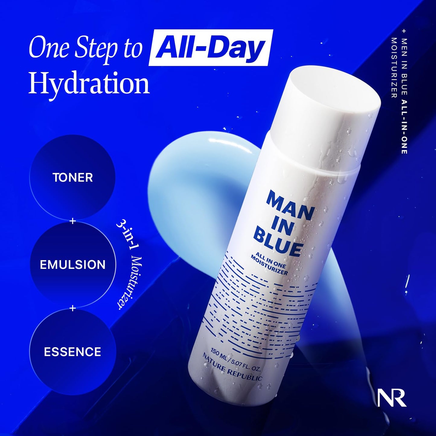 Nature Republic Man In Blue All In One Moisturizer - Daily Fresh Facial Lotion, Korean Natural Hydrating Simple Skin Care For Men Dry Beard Face, Rich, Lightweight, Aftershave, 150ml/5.07 Fl.Oz.