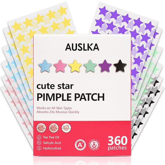 AUSLKA Star Pimple Patches (360 Pcs) Cute Zit Patches for Face, Star Spot Stickers with Salicylic Acid, Hydrocolloid Pimple Patches Absorb Fluid Quickly, Star Blemish Patches for Skin Care, Vegan
