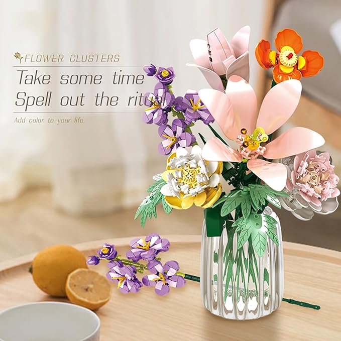 Flower Lily Building Blocks Bouquet Set, DIY Floral Arrangement Kit, Artificial Flowers Creative Decor for Home, Ideal Gift for Adults & Kids 563pcs (No Vase)