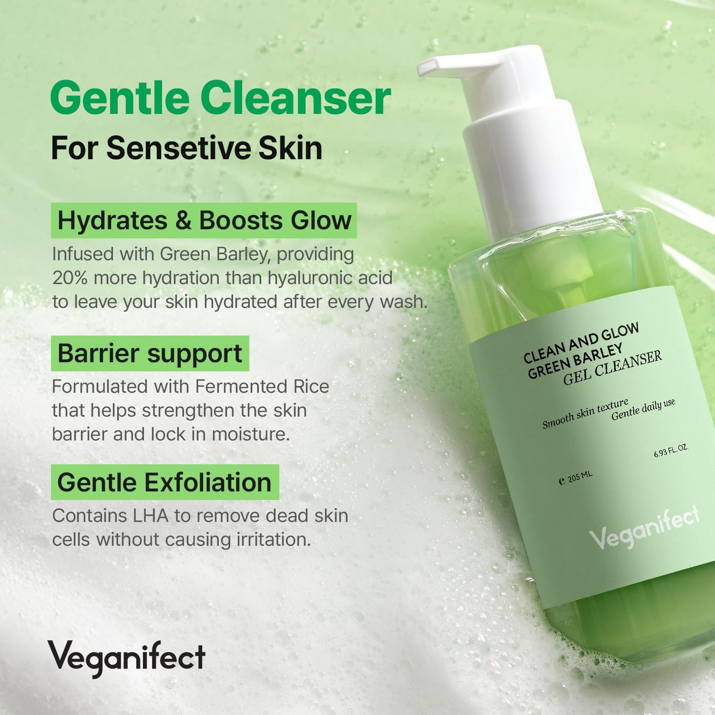 VEGANIFECT Gel-to-Foam Cleanser | Low pH Hydrating Face Wash for Dry & Sensitive Skin | Hydrates & Balances Skin | Korean Vegan Skincare (205ml/6.93 fl oz)