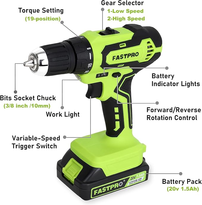 FASTPRO 177-Piece 20V Cordless Lithium-ion Drill Driver and Home Tool Set, Household Repairing Tool Kit with Drill in Storage Case, Green