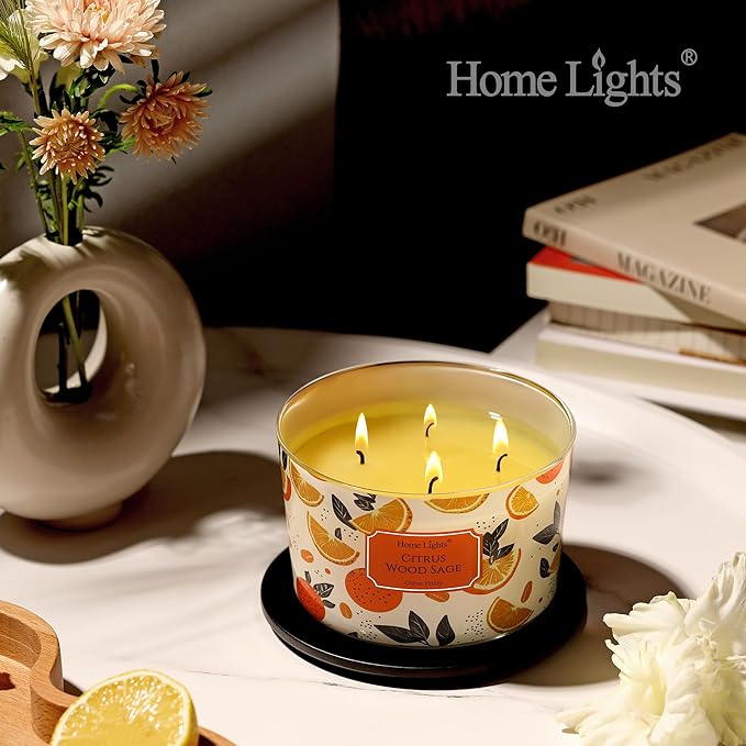 HomeLights Citrus Wood Sage Scented Candles | 18oz Soy Candles Eclectic Mixed Styles 4-Wick Large Candle Jars | Ideal Candle Gifts for Events, Home Decor Stress, Relief & Relaxation