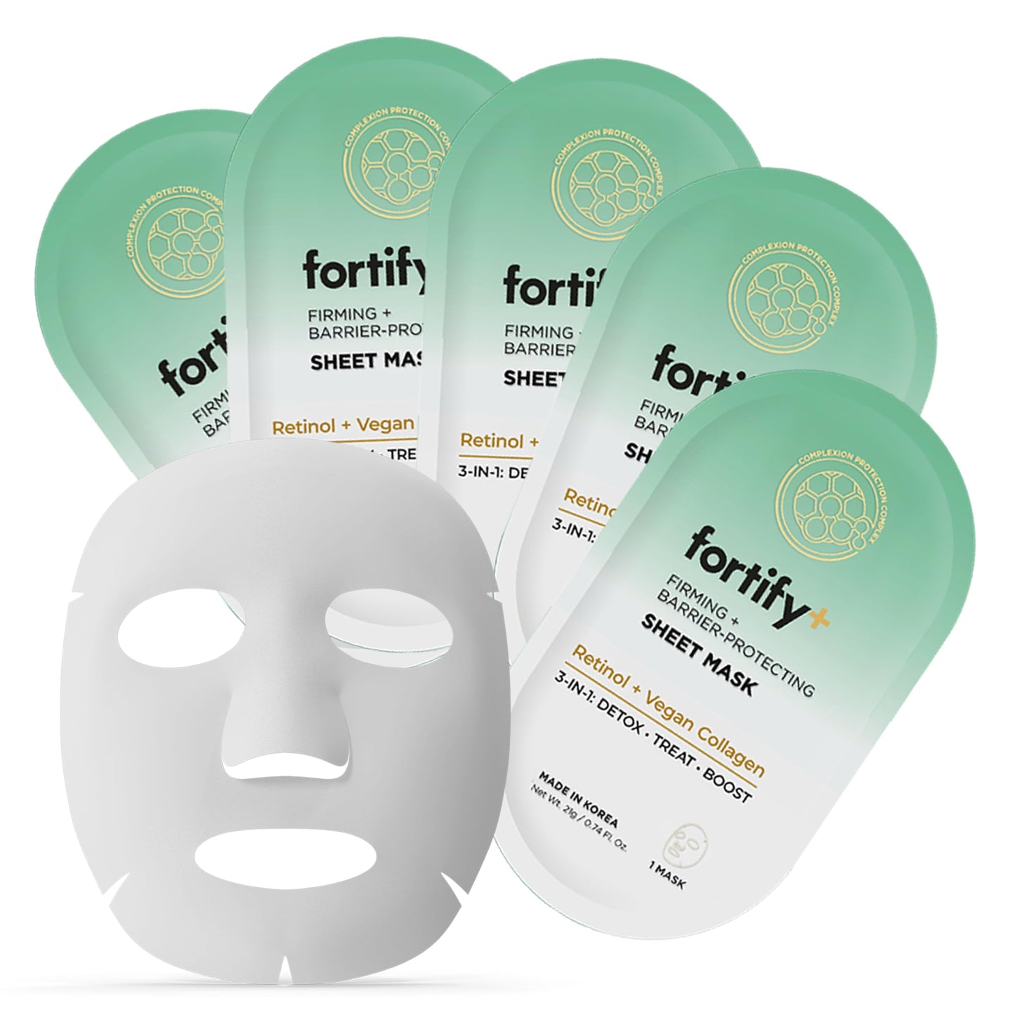 Fortify Skincare Face Mask with Retinol and Collagen - Dermatologist Tested, Anti Aging - Firming & Barrier Protecting - 3-in-1: Detox - Treat- Boost - Clean Beauty, Korean Skin Care, 5 Sheet Masks