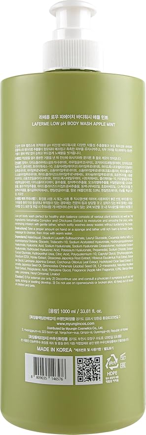 laferme Low pH balanced Gentle Korean Body Wash with Natural & Organic Ingredients, Hypoallergenic for Sensitive Skin, Moisturizing & Hydrating for Dry Skin, For Women & Men, 33 Fl Oz, Apple Mint