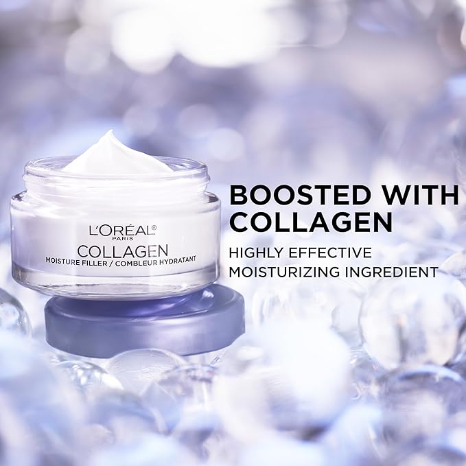 L'Oreal Paris Collagen Moisture Filler Face Cream, Anti-Aging Face Moisturizer, Non-Greasy Fragrance Free Skin Care Formula For Up to 48HR Hydration, 3.4 Oz