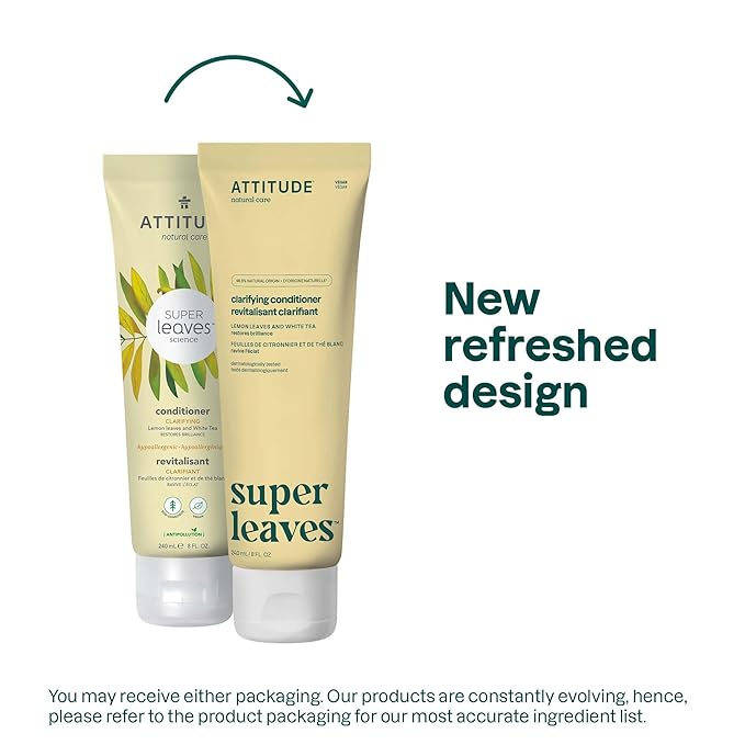 ATTITUDE Clarifying Hair Conditioner, Restores Shine, Naturally Derived Ingredients, Vegan Detangler, Dermatologically Tested, Lemon Leaves and White Tea, 8 Fl Oz